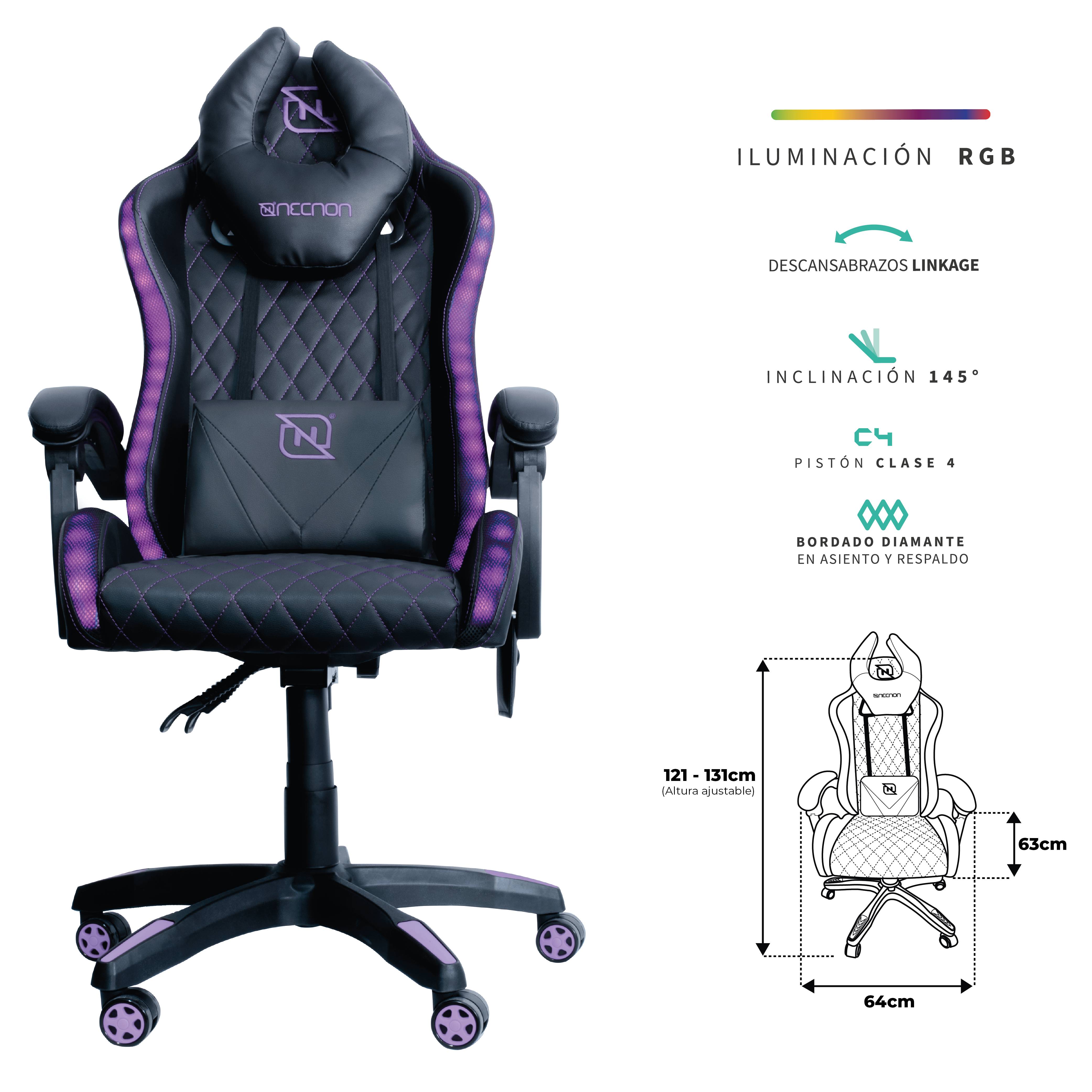 SILLA GAMER RGB INCLINACION RESPALDO 145 CLASE 4 140-150KG NSG-RGB1 FOAM 350MM 63CM*64CM*121-131CM COJIN LUMBAR Y CABEZA NEGRO/ROSA - SILLA GAMER RGB INCLINACION RESPALDO 145 CLASE 4 140-150KG NSG-RGB1 FOAM 350MM 63CM*64CM*121-131CM COJIN LUMBAR Y CABEZA NEGRO/ROSA -
